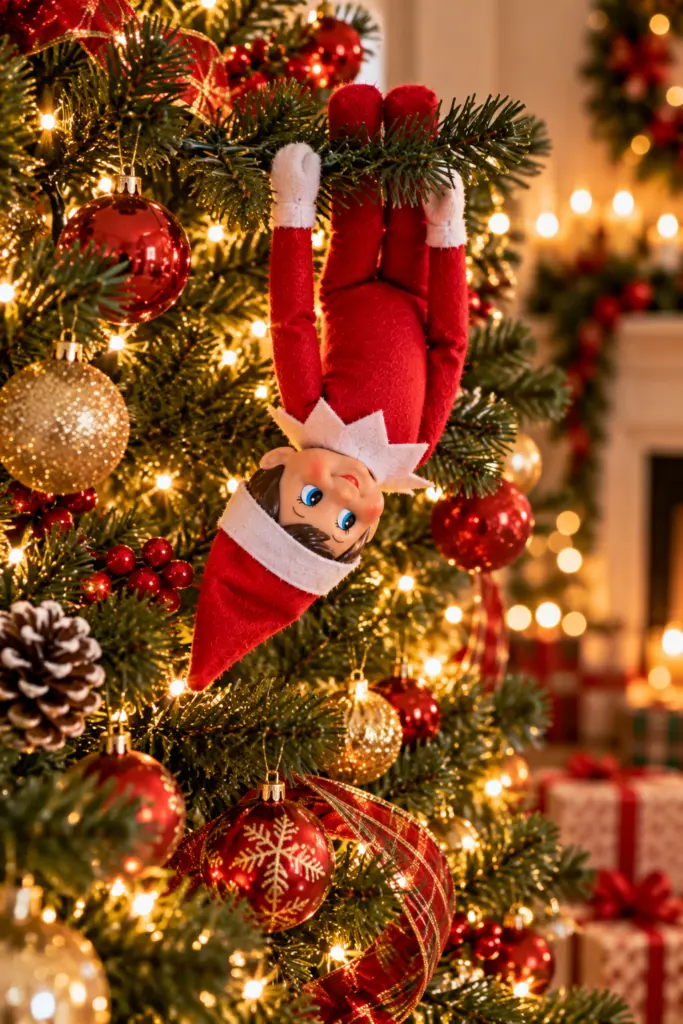 Elf Hangs Upside Down on the Christmas Tree