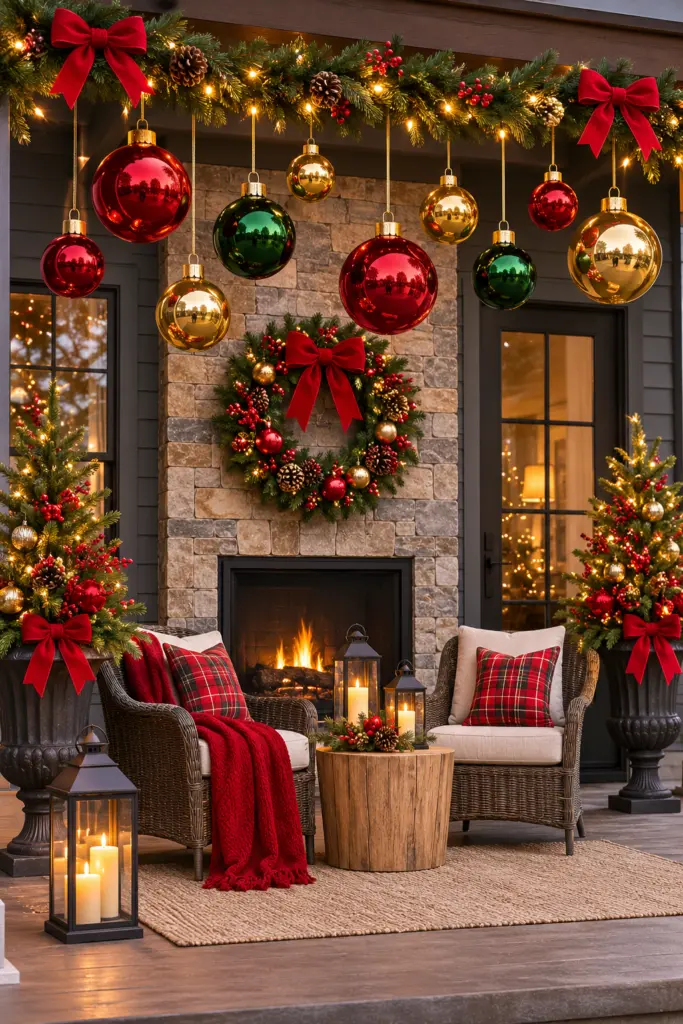 35+ DIY Outdoor Christmas Decorations 13 Decorate Porch With Oversized Outdoor Baubles