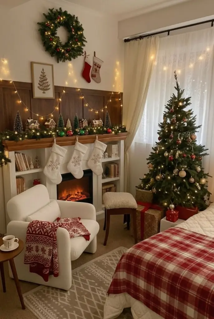 Festive Fireplace-Inspired Bedroom Corner
