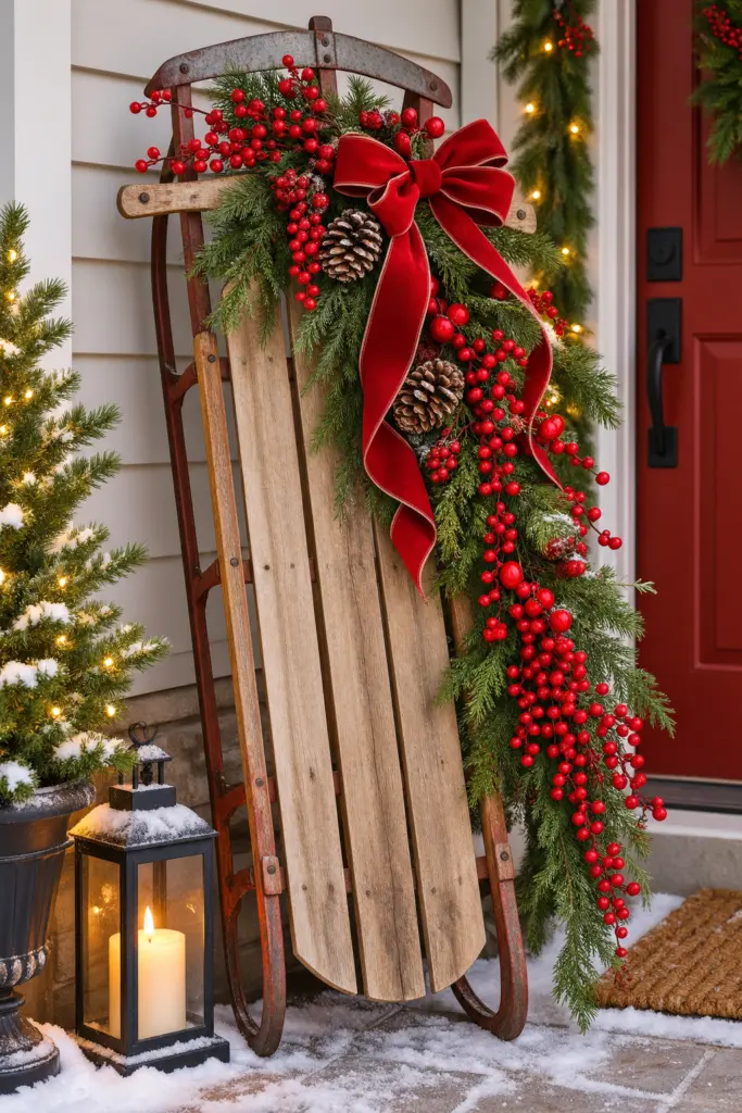 25+ Christmas Sled Decoration Ideas & Photos 12 Christmas Sled Decoration with Red Berry Garland Sled