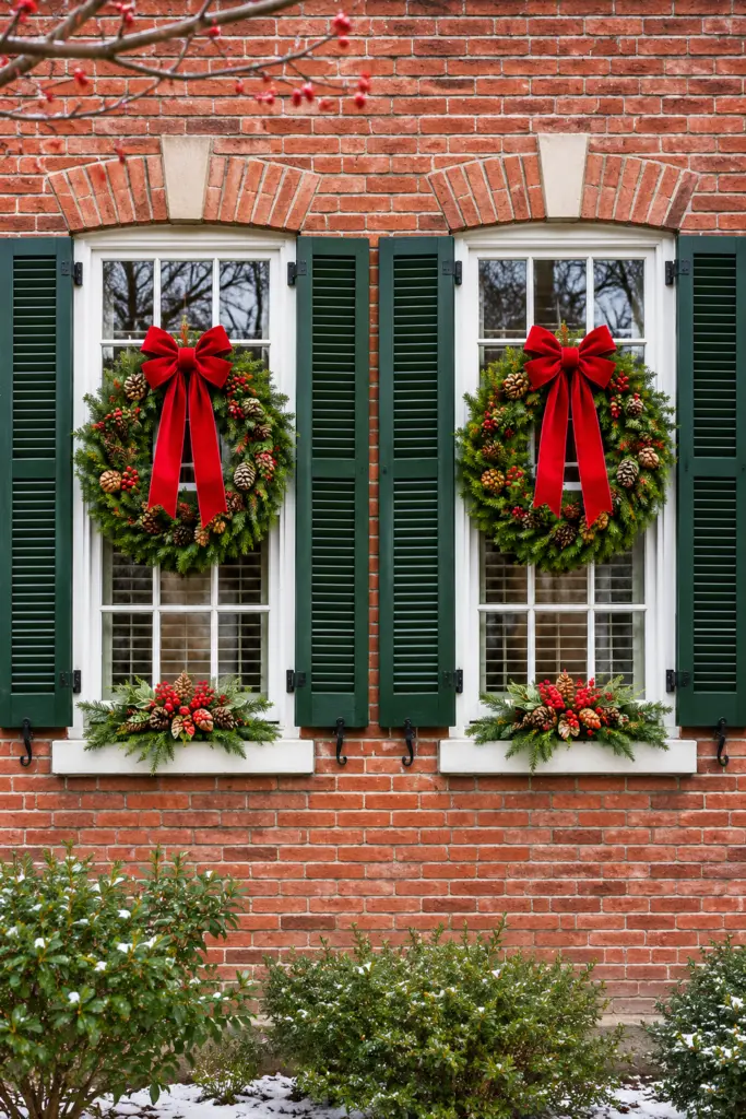 35+ DIY Outdoor Christmas Decorations 6 Festive Wreaths on Brick Windows