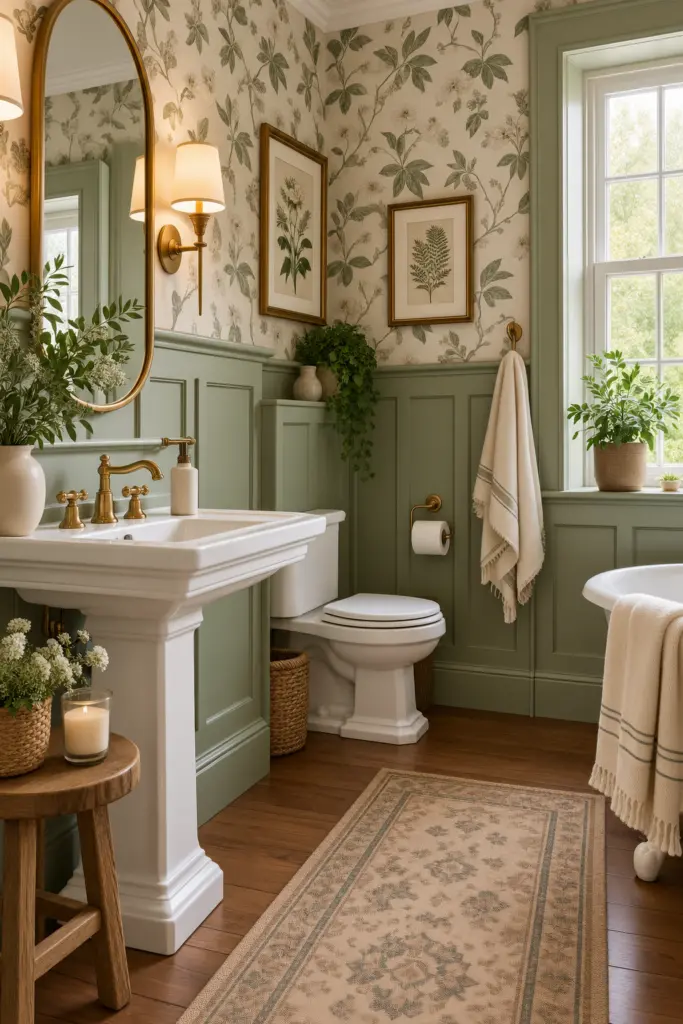 21 Best Wainscoting Bathroom Ideas & Inspo 5 Green Wainscoting Bathroom With Botanical