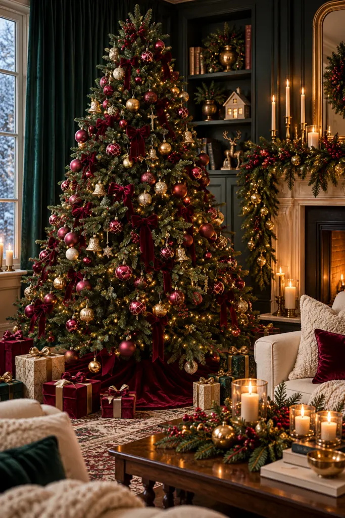 Luxurious Burgundy and Gold Christmas Living Room

