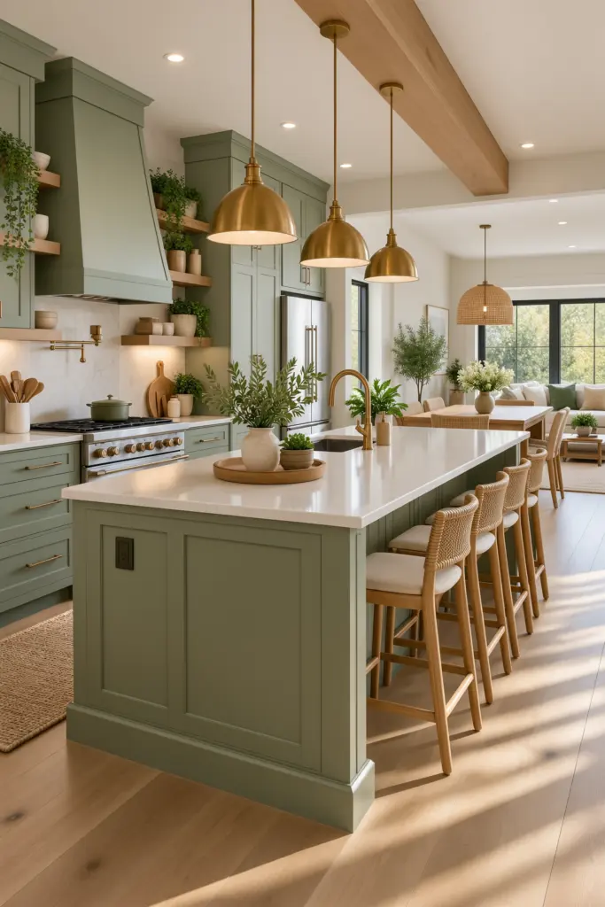 30 Beautiful Open Kitchen Designs Ideas & Inspirations 3 Modern Sage Green Open Kitchen