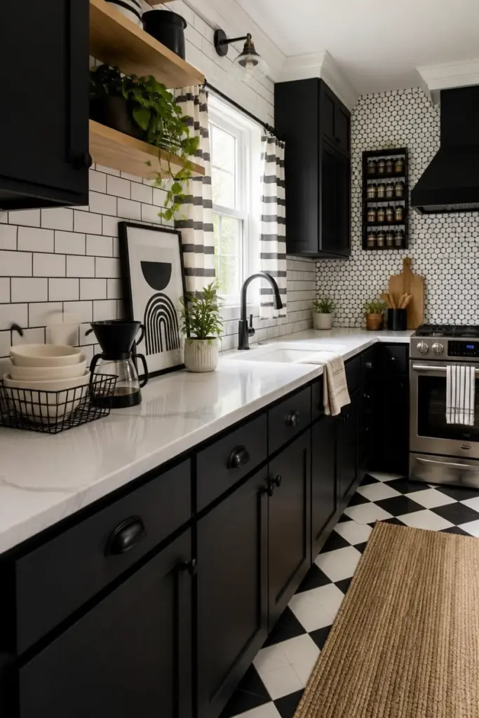  Black Cabinets with Crisp White Countertops