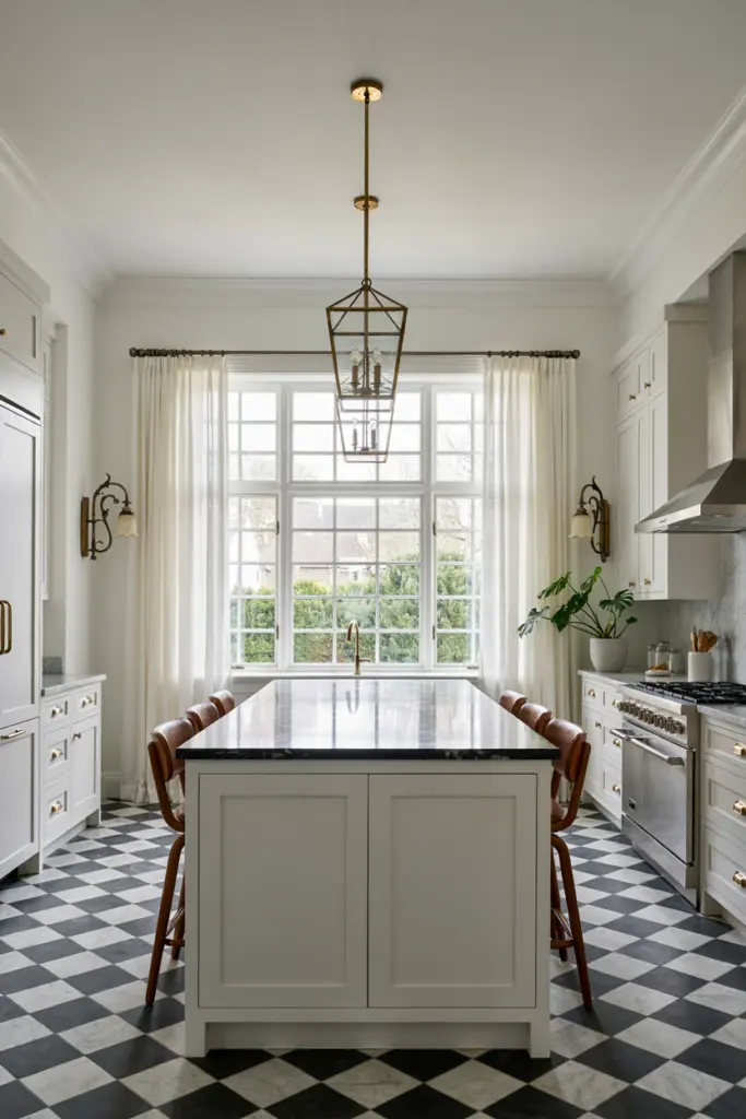 Monochrome Kitchen with Black and White Checkerboard Floors