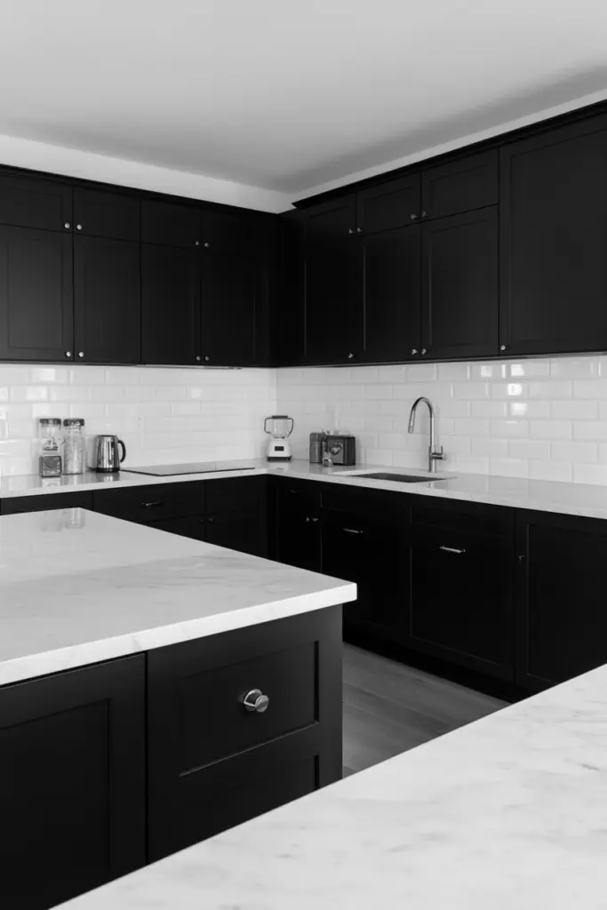 25+ Stunning Monochrome Kitchen Ideas & Inspo 23 Monochrome Kitchen with Mix Matte Black and Glossy White Finishes
