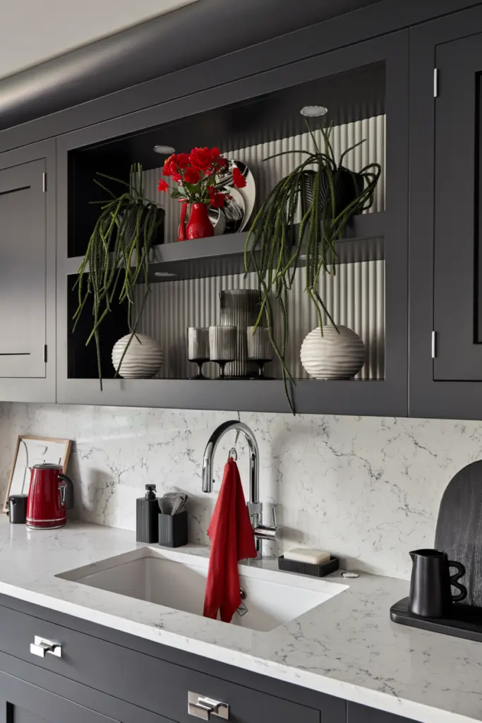 25+ Stunning Monochrome Kitchen Ideas & Inspo 26 Monochrome Kitchen with Warm Red Accents