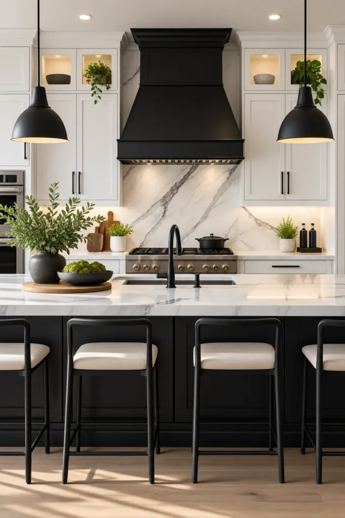 Monochrome Marble Kitchen with Greenery