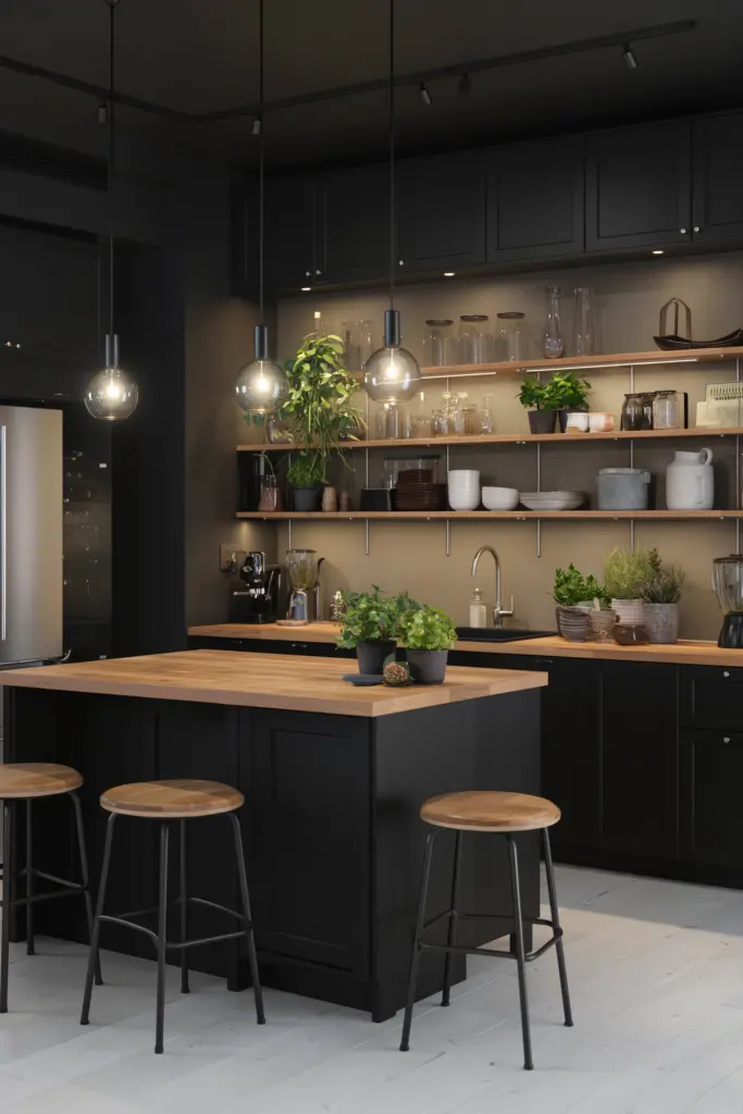 30 Beautiful Open Kitchen Designs Ideas & Inspirations 4 Moody Black Industrial Open Kitchen Designs