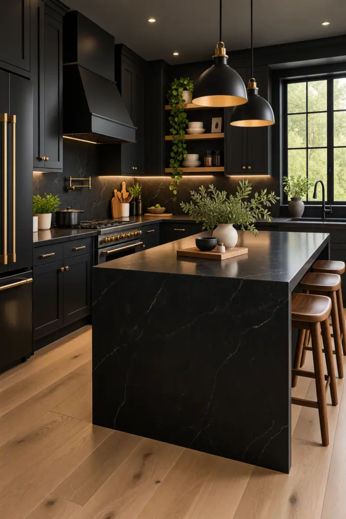 
Moody Luxe Black and Wood Kitchen
