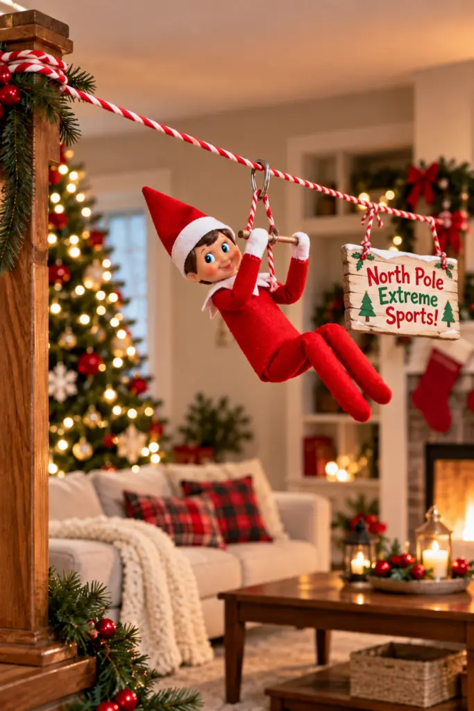 Elf Goes Ziplining Through the Living Room