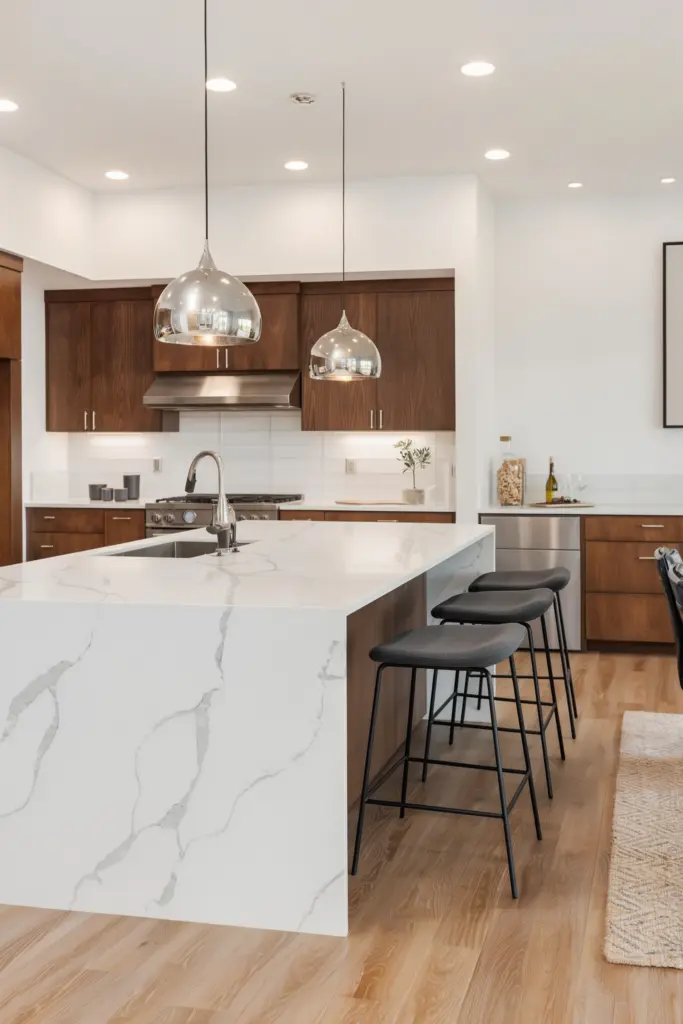30 Beautiful Open Kitchen Designs Ideas & Inspirations 12 Open Kitchen With a Waterfall Island