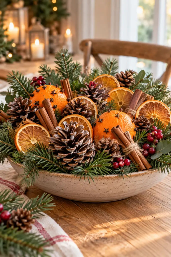 17 Easy DIY Christmas Crafts Using Natural Materials 5 Pinecone and Orange Table Centerpiece