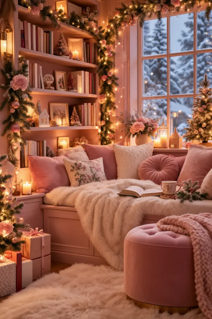 Dreamy Pink Christmas Reading Nook
