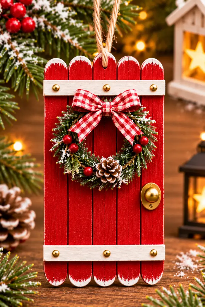 30+ Easy Christmas Crafts with Popsicle Sticks For Adults & Kids 14 Popsicle Stick Door with a Wreath