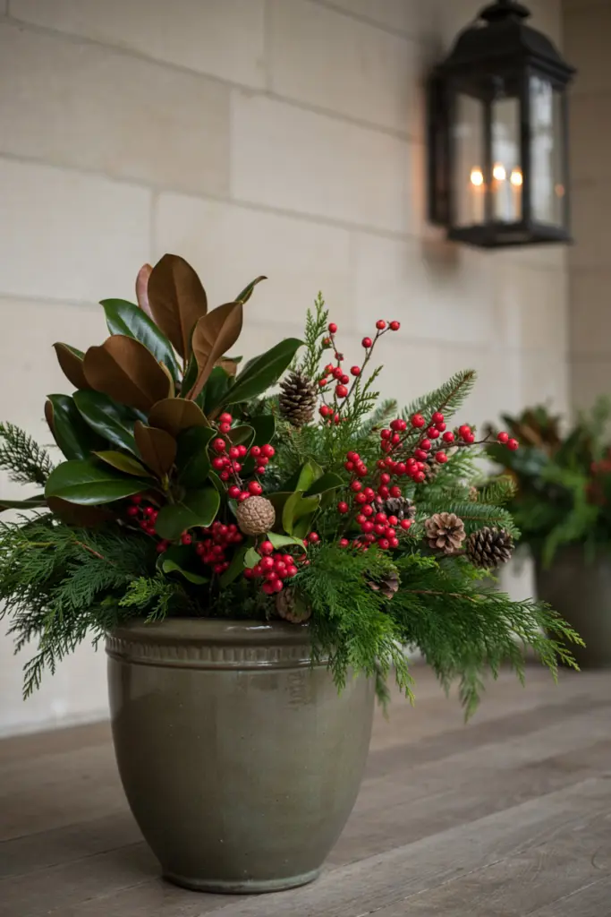 Red Berry and Magnolia Christmas Planters