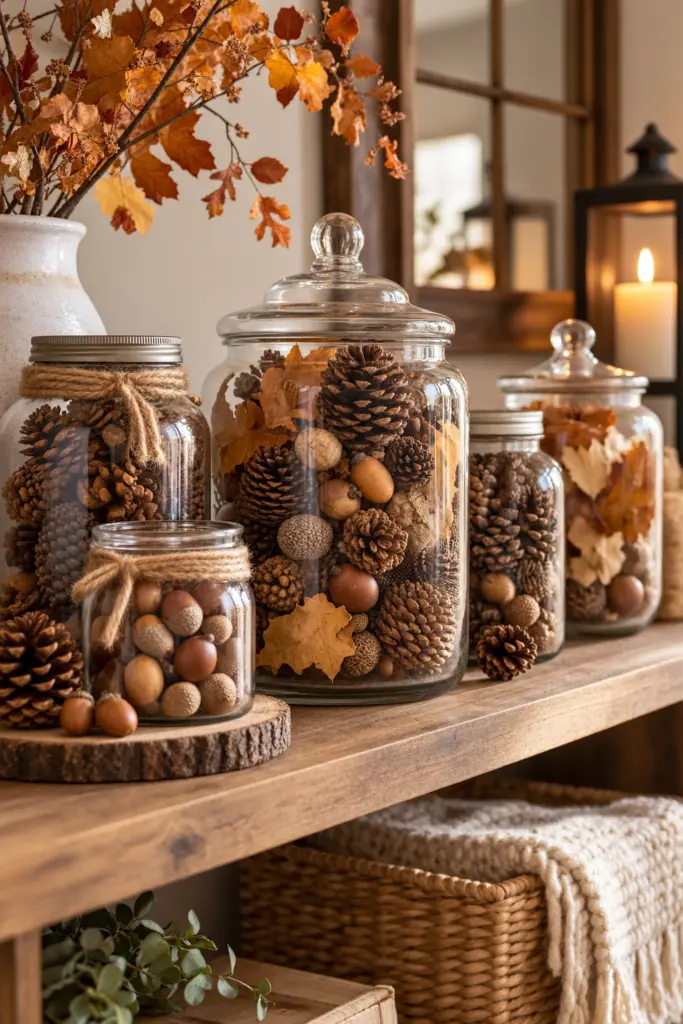 Display Pinecones and Acorns in Glass Jars