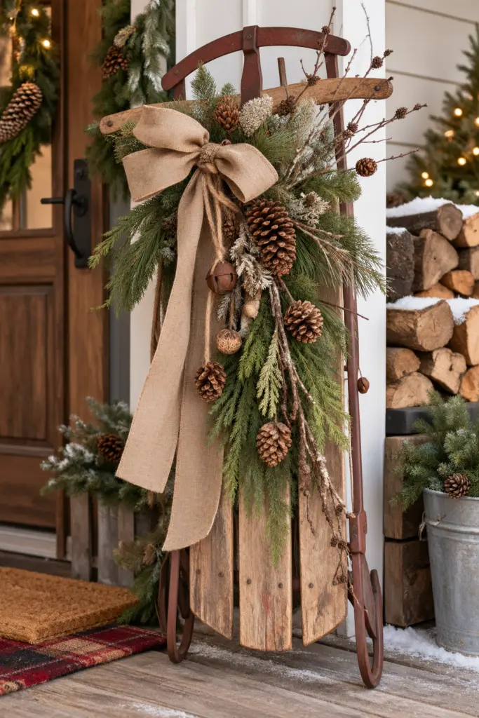 25+ Christmas Sled Decoration Ideas & Photos 5 Rustic Sled with Pinecones and Natural Branches