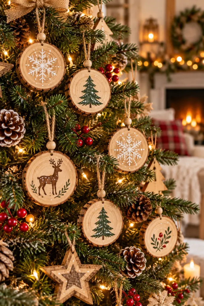 25+ Rustic Wood Christmas Crafts for a Cozy Farmhouse Christmas Decor 3 Rustic Wood Slice Christmas Ornaments