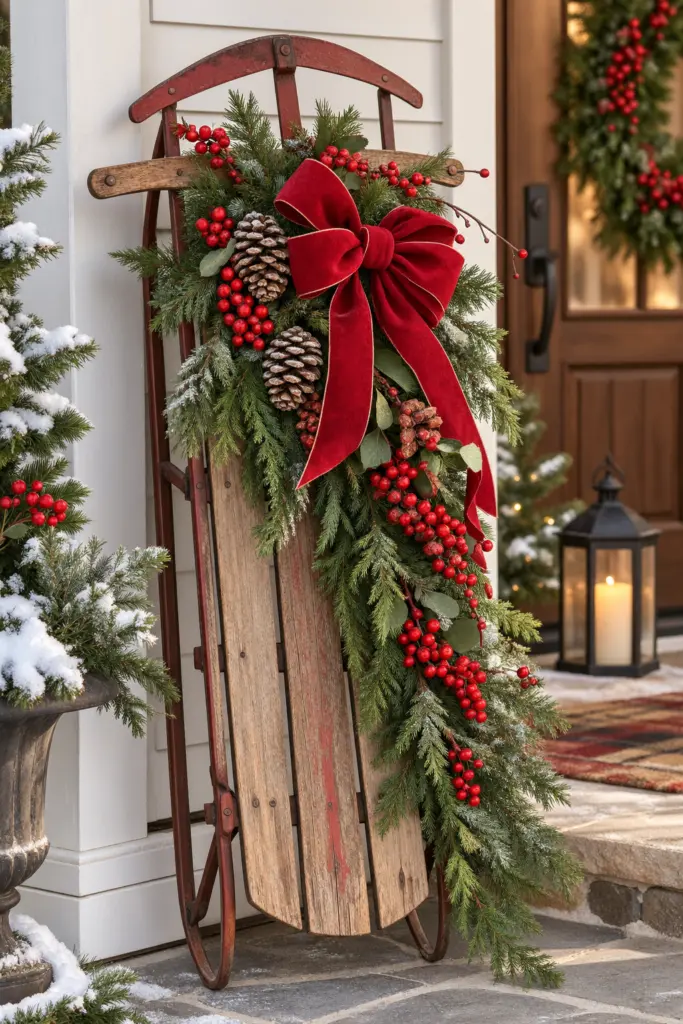 25+ Christmas Sled Decoration Ideas & Photos 2 Christmas Sled Decoration with Evergreen and Red Berries