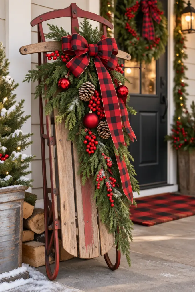 25+ Christmas Sled Decoration Ideas & Photos 3 Christmas Sled Decoration Iwith Red Buffalo Plaid Ribbon