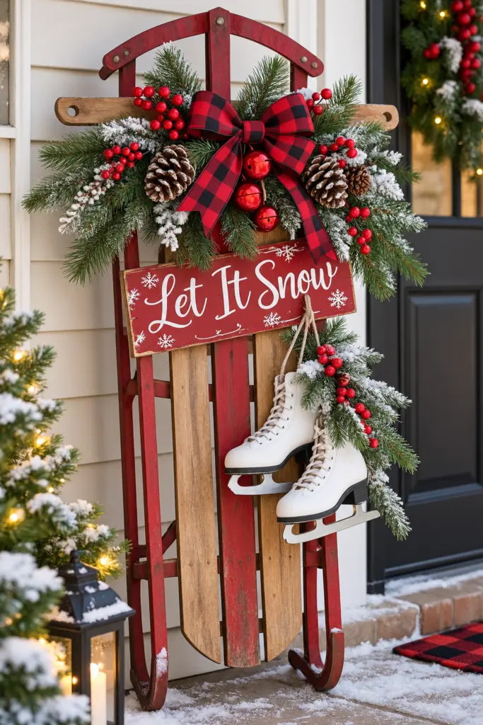 25+ Christmas Sled Decoration Ideas & Photos 10 Christmas Sled Decoration with a "Let It Snow" Sign