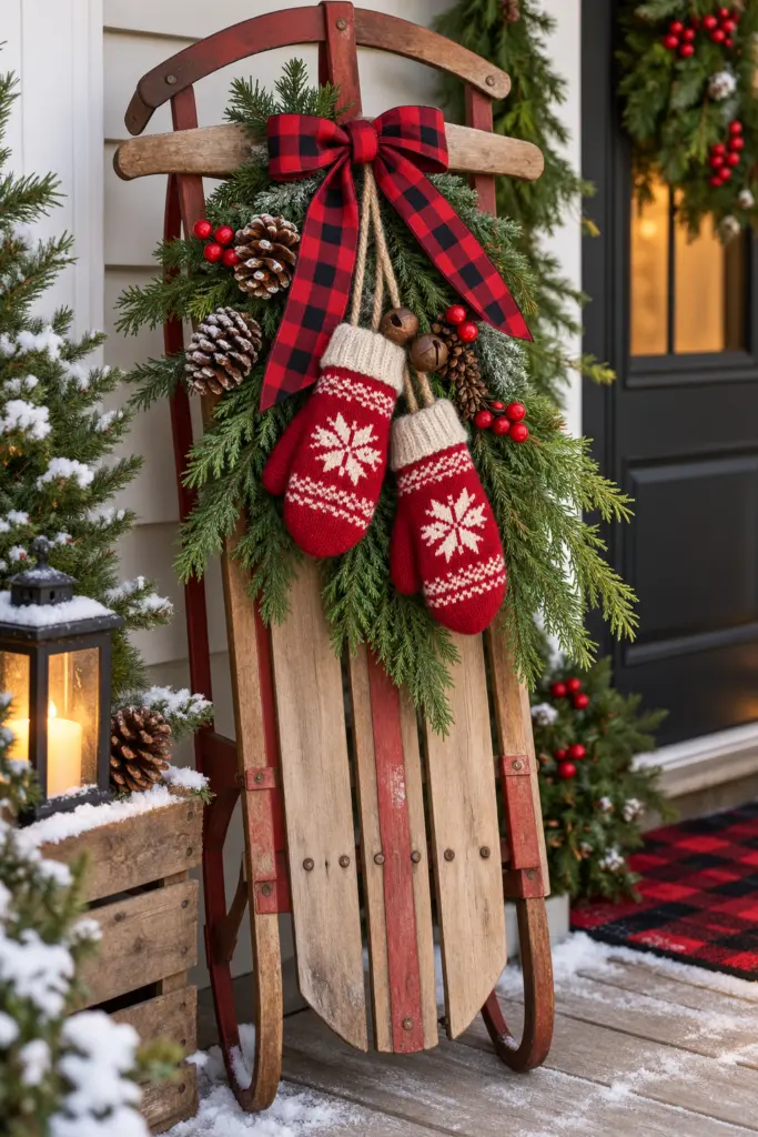 25+ Christmas Sled Decoration Ideas & Photos 11 Vintage Christmas Sled Decoration with Hanging Mittens