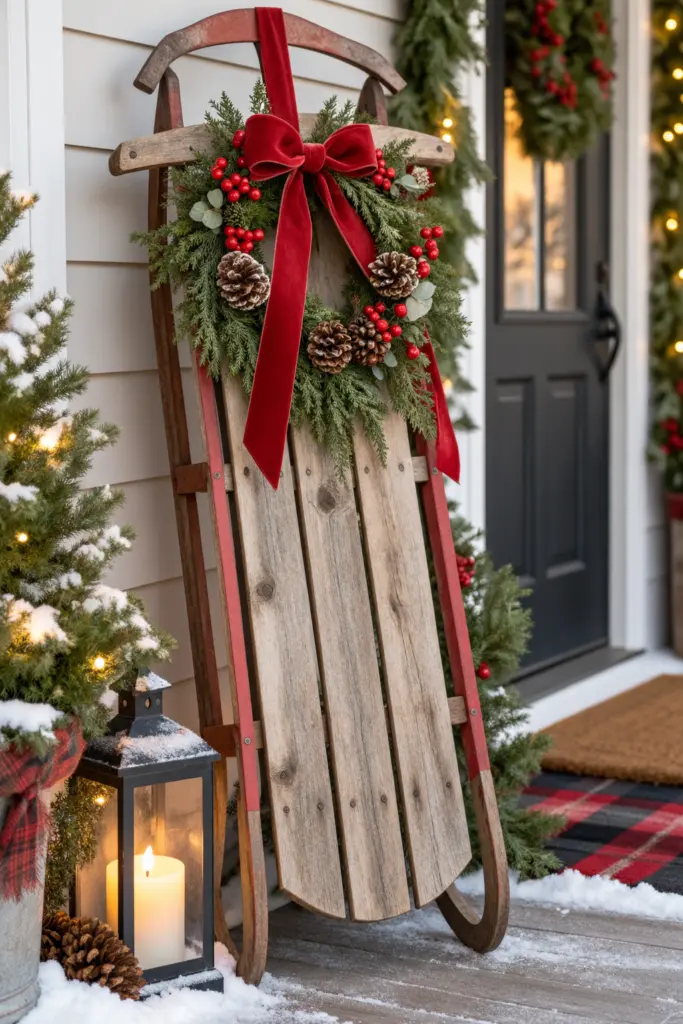 25+ Christmas Sled Decoration Ideas & Photos 8 Christmas Sled Decoration with a Mini Christmas Wreath