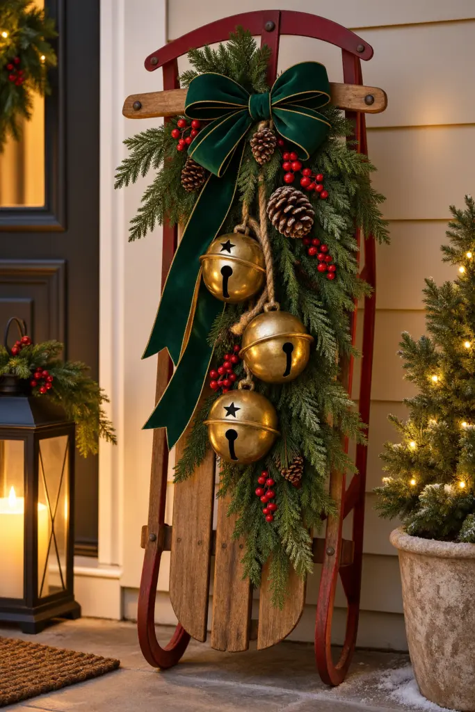 25+ Christmas Sled Decoration Ideas & Photos 13 Elegant Sled with Oversized Jingle Bells