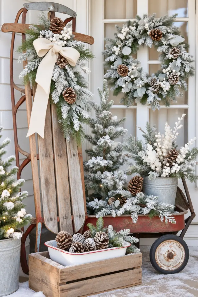 25+ Christmas Sled Decoration Ideas & Photos 9 Snowy White Winter Sled