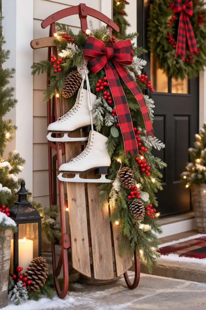 25+ Christmas Sled Decoration Ideas & Photos 4 Christmas Sled Decoration with White Ice Skates