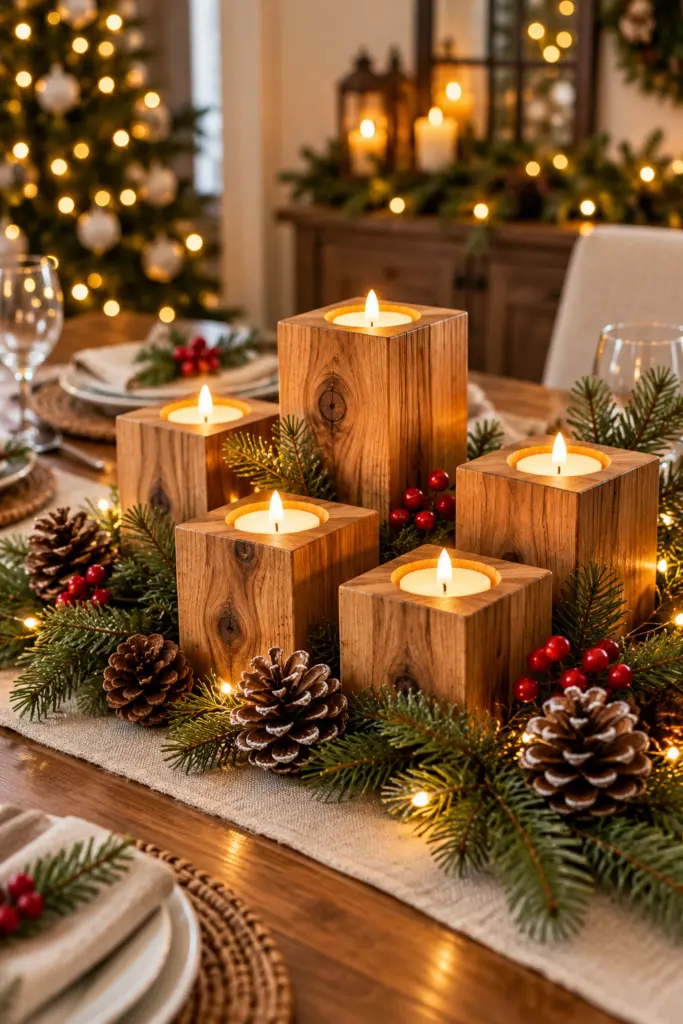 25+ Rustic Wood Christmas Crafts for a Cozy Farmhouse Christmas Decor 7 Rustic Woodland Candle Centerpiece