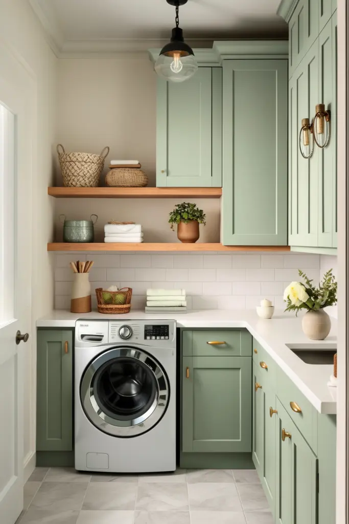 25+ Beautiful Apartment Laundry Room Ideas & Designs 8 Apartment Laundry Room with Sage Green Cabinets