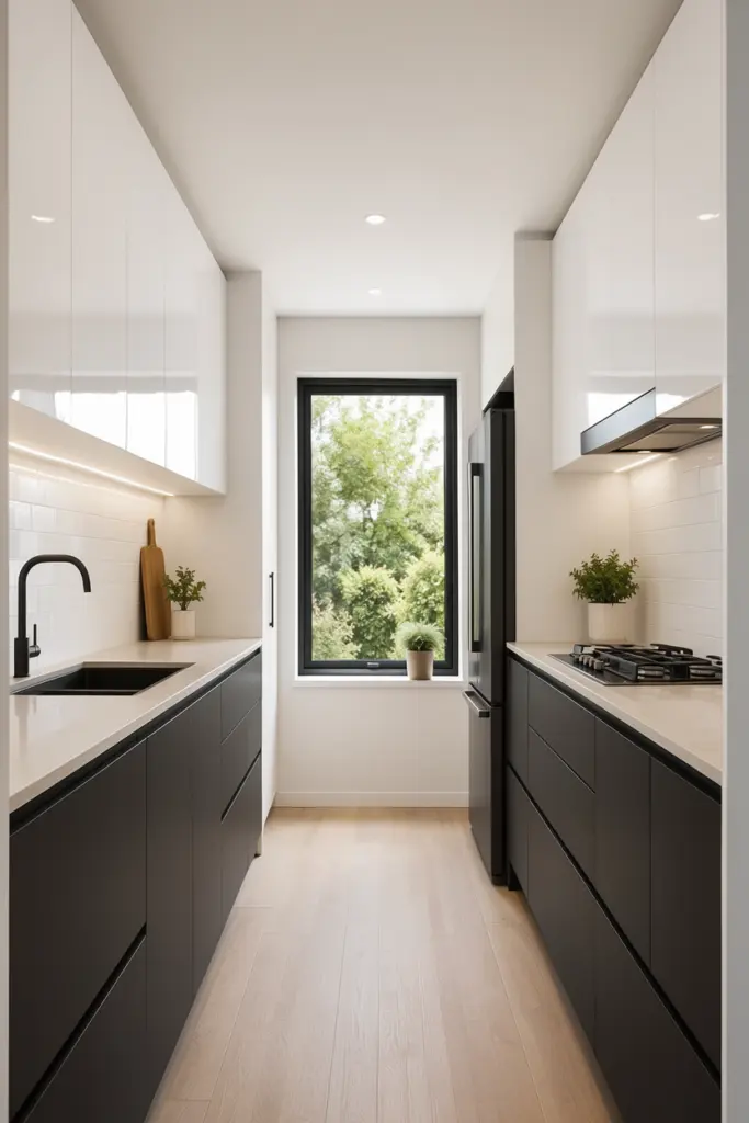 Small Monochrome Kitchen Feel Bigger with White Cabinetry