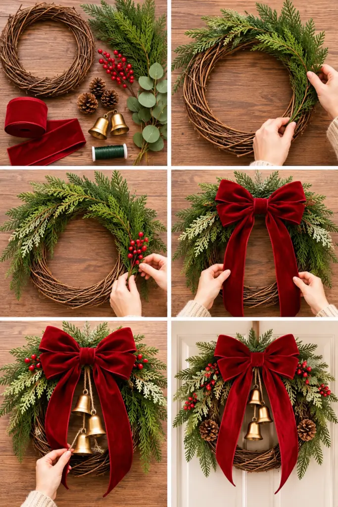 DIY Christmas Wreaths with Velvet Bows