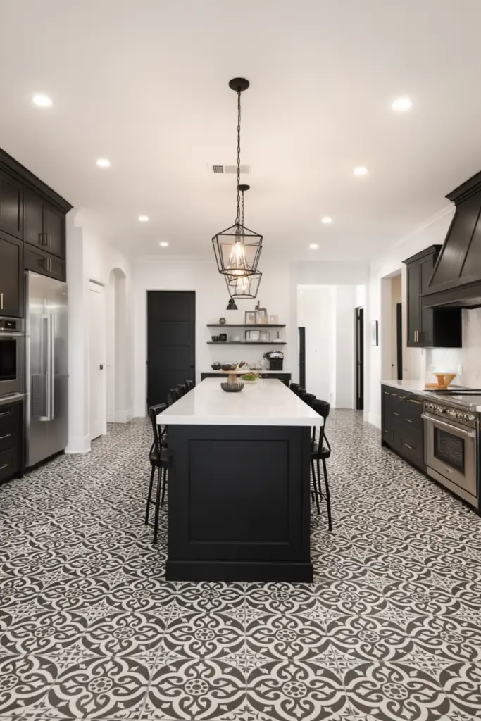 25+ Stunning Monochrome Kitchen Ideas & Inspo 22 Stunning Monochrome Kitchen with Patterned Floor Tiles