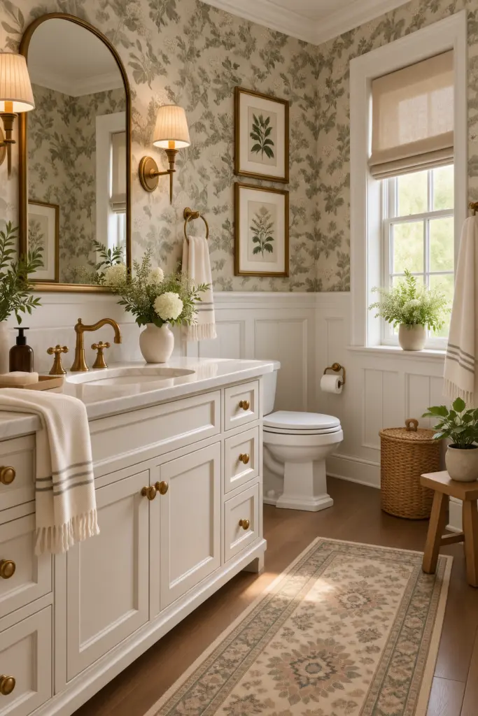 21 Best Wainscoting Bathroom Ideas & Inspo 12 Wainscoting Bathroom With Patterned Wallpaper