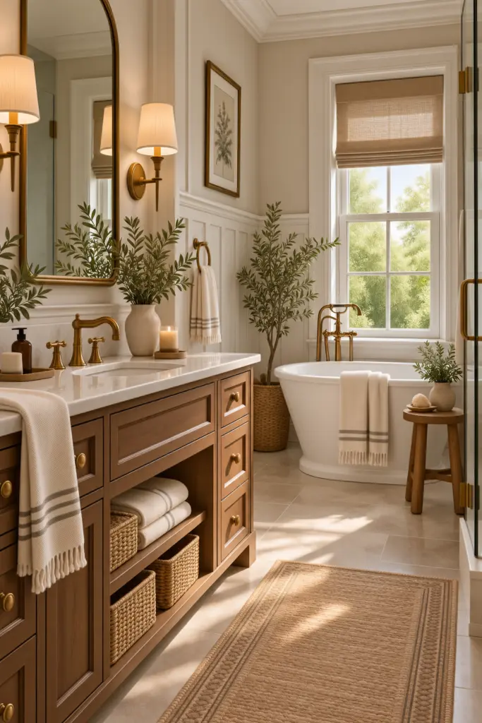 21 Best Wainscoting Bathroom Ideas & Inspo 16 Wainscoting Bathroom With a Wood Vanity