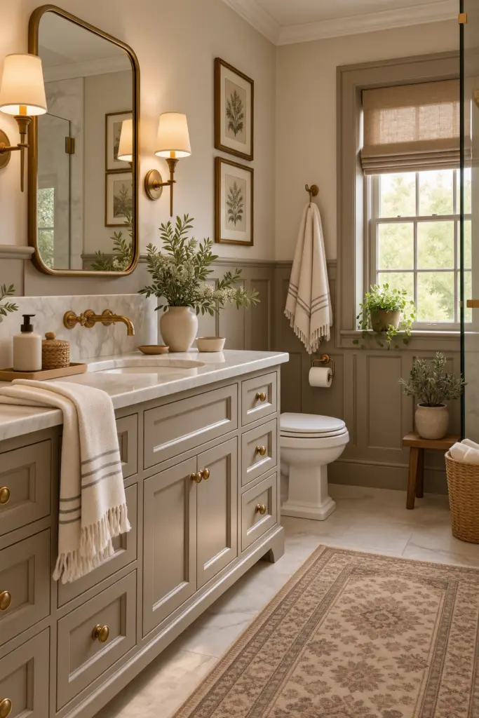 21 Best Wainscoting Bathroom Ideas & Inspo 10 Warm Taupe Wainscoting With Brass