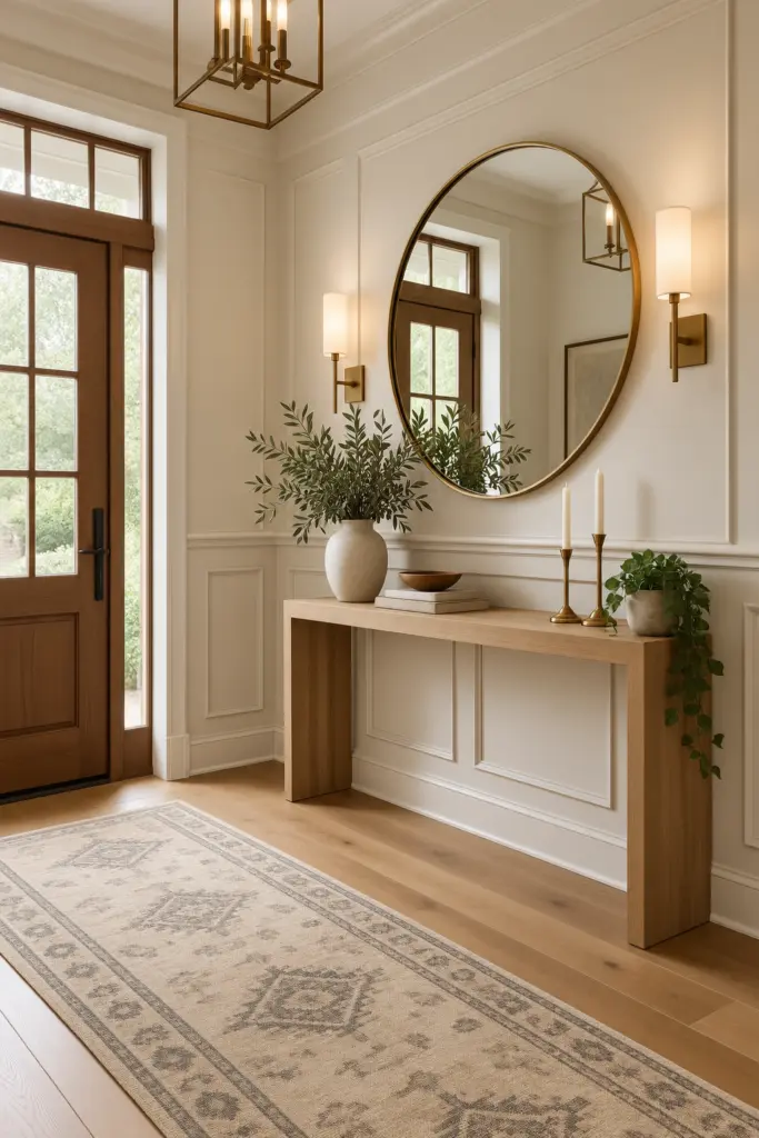 25+ Modern Wainscoting Entryway Ideas & Inspo 12 Modern Wainscoting Entryway with a Round Mirror