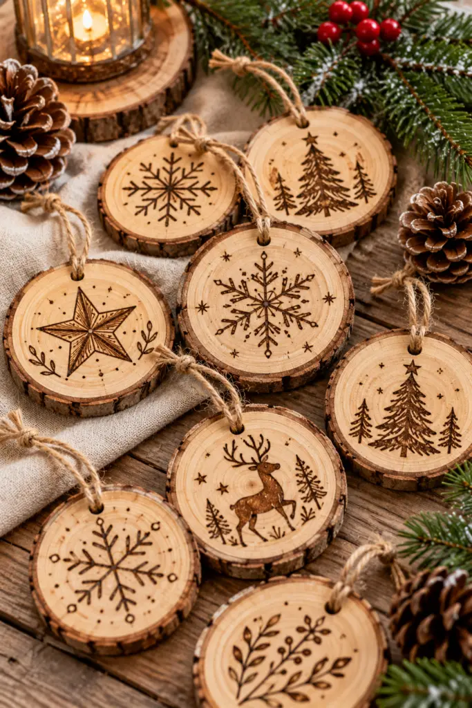 25+ Rustic Wood Christmas Crafts for a Cozy Farmhouse Christmas Decor 4 Wood-Burned Snowflake Ornaments