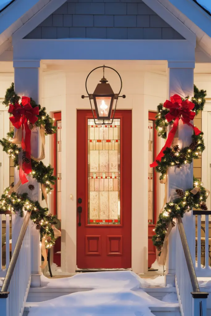 35+ DIY Outdoor Christmas Decorations 4 Wrap Porch Columns in Christmas Garland