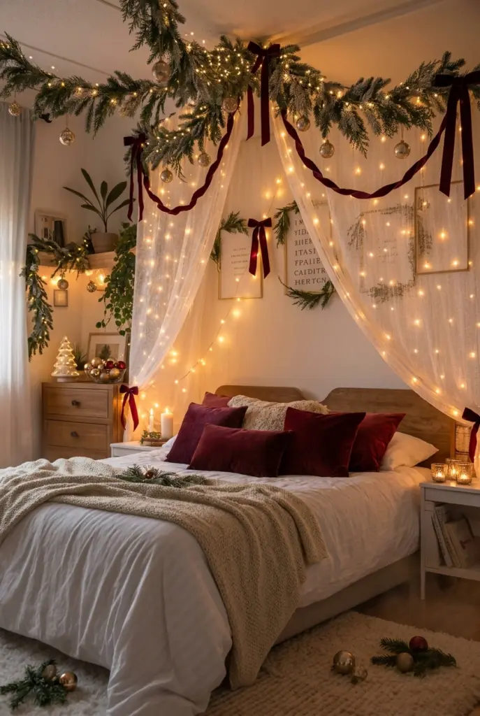 Cozy Fairy Lights Bedroom Canopy Above the Bed